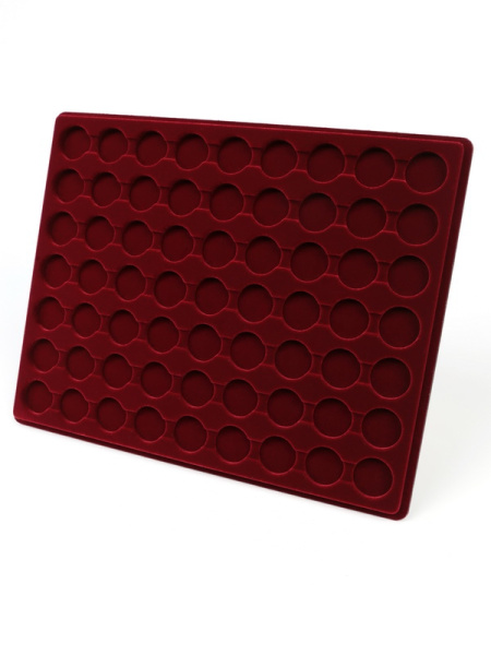  Планшет S (234х296х12 мм) для 63 монет в капсулах CAPS 18, 19 и 19,5 Leuchtturm. Диаметр ячейки 25 мм, тёмно-бордовый