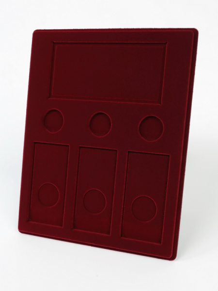  Планшет S (234х296х12 мм) для 3 монет 25 рублей в капсулах Leuchtturm, 3 монет 25 рублей в блистере и банкноты «Футбол 2018» в чехле, тёмно-бордовый