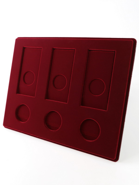  Планшет S (234х296х12 мм) для 3 обычных монет 25 рублей в капсулах и 3 цветных монет 25 рублей в блистере, тёмно-бордовый