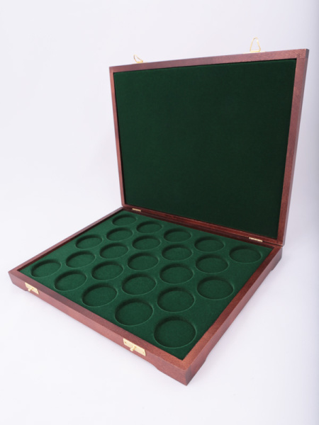  Футляр деревянный Vintage S (305х247х40 мм) на 23 монеты в капсулах (диаметр 46 мм), зелёный