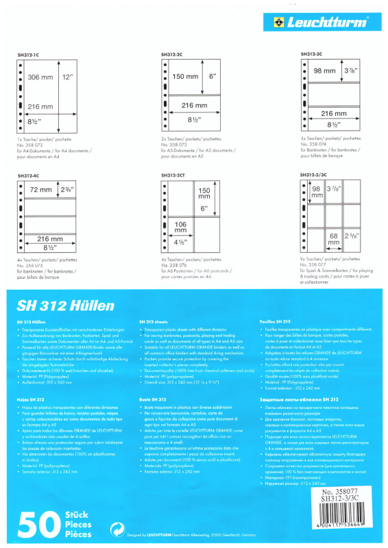 Листы-обложки GRANDE SH312-3/3C (242х312 мм) из тонкого прозрачного пластика на 9 ячеек (68х98 мм). Упаковка из 10 листов. Leuchtturm, 358077/10