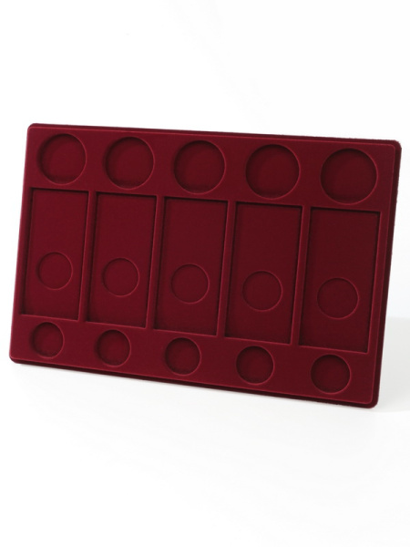  Планшет L (222х333х13 мм) для 5 обычных монет 25 рублей в капсулах Leuchtturm, 5 цветных монет 25 рублей в блистере и 5 серебряных монет 3 рубля в капсулах, тёмно-бордовый