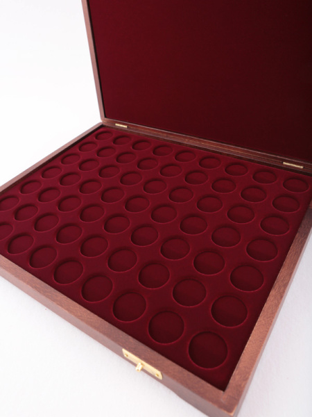  Футляр деревянный Vintage S (305х247х40 мм) для монет d-25 мм (63 ячейки), тёмно-бордовый