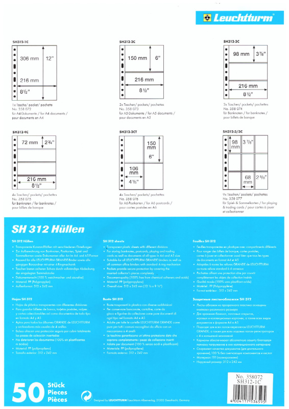 Листы-обложки GRANDE SH312-1C (242х312 мм) из тонкого прозрачного пластика на 1 ячейку (216х306 мм). Упаковка из 50 листов. Leuchtturm, 358072