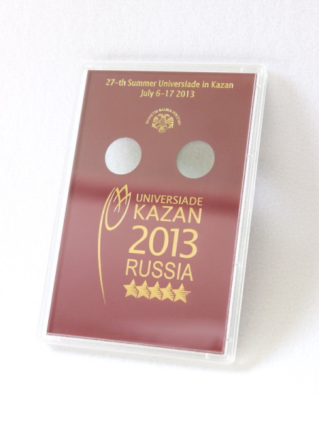  Буклет для хранения монет «XXVII Всемирная летняя Универсиада 2013 года в г. Казани», (русско-английский текст), Вид 1 (в пластике), тёмно-бордовый