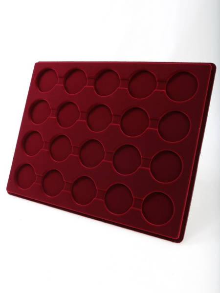  Планшет S (234х296х12 мм) для 20 монет в капсулах CAPS 36 и 37 Leuchtturm. Диаметр ячейки 42,5 мм, тёмно-бордовый