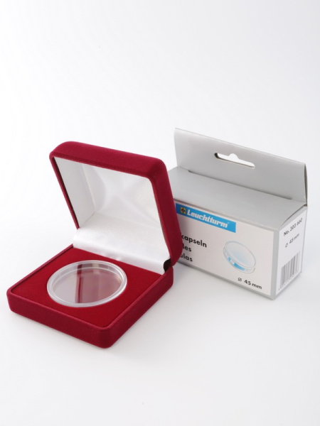  Футляр (80х80х40 мм) для монеты, медали диаметром 45 мм в капсуле Leuchtturm (диаметр ячейки 51 мм), светло-бордовый