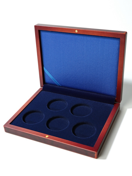 Деревянный футляр (194х149х32 мм) для 5 монет в капсулах (диаметр 46 мм), тёмно-синий