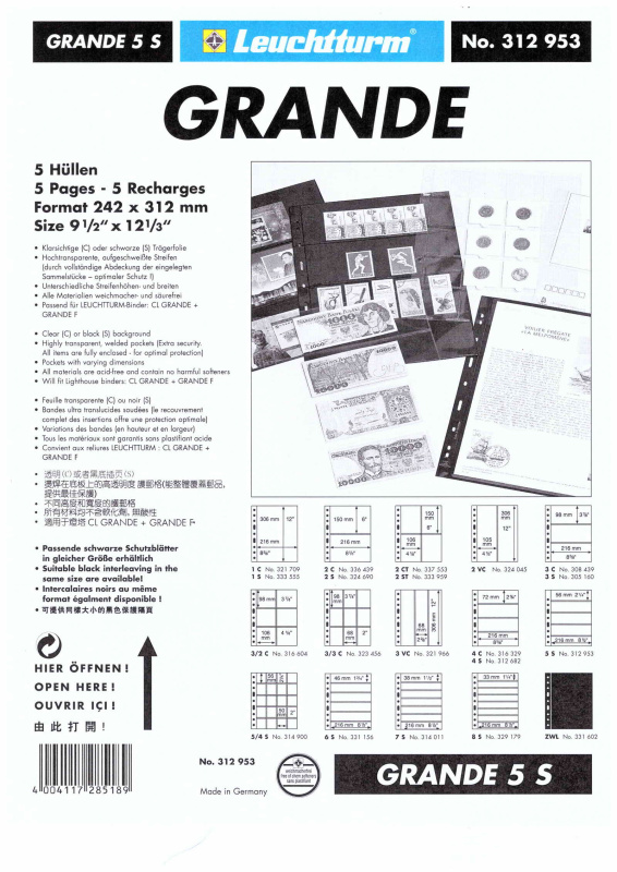Лист-обложка GRANDE 5S (242х312 мм) двусторонний на 5 ячеек (216х56 мм). Leuchtturm, 312953/1