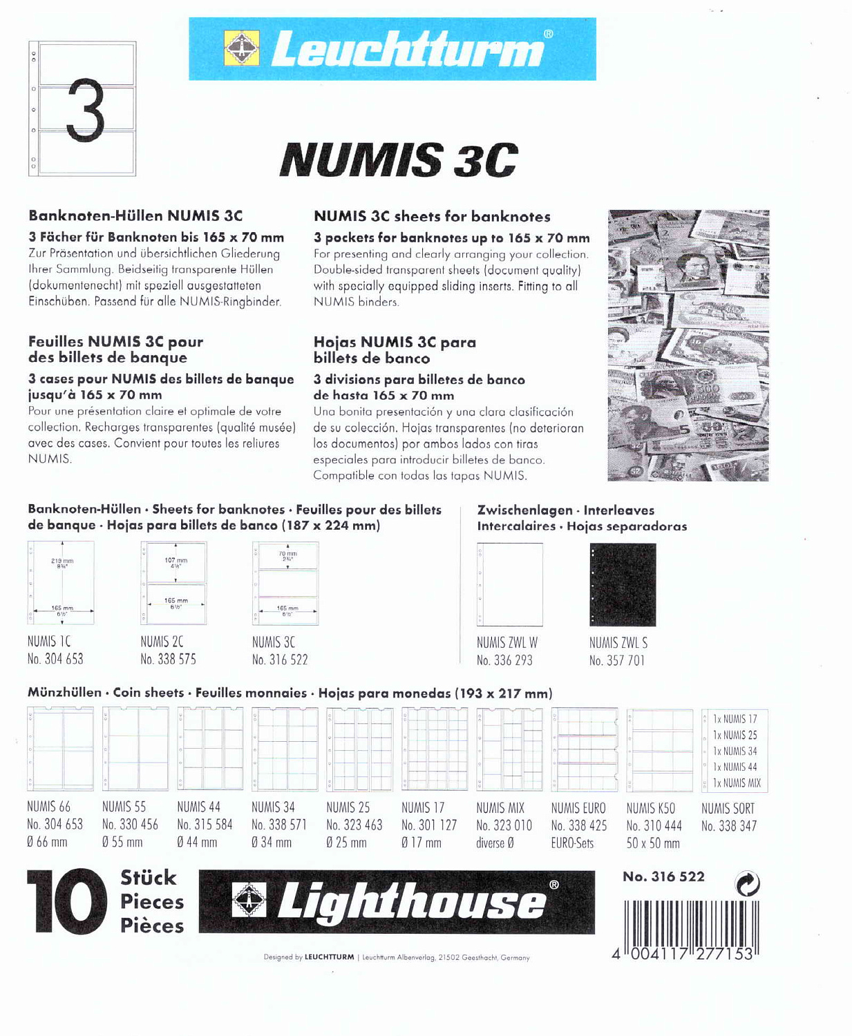 Листы-обложки NUMIS 3C (187х224 мм) из прозрачного пластика на 3 ячейки (165х70 мм). Упаковка из 10 листов. Leuchtturm, 316522