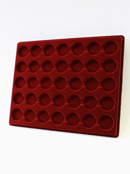  Планшет S (234х296х12 мм) для 35 монет в капсулах CAPS 26,5 и 27 Leuchtturm. Диаметр ячейки 33 мм, тёмно-бордовый