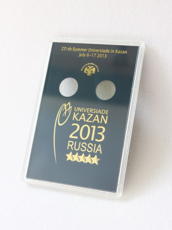 Буклет для хранения монет «XXVII Всемирная летняя Универсиада 2013 года в г. Казани», (русско-английский текст), Вид 1 (в пластике)